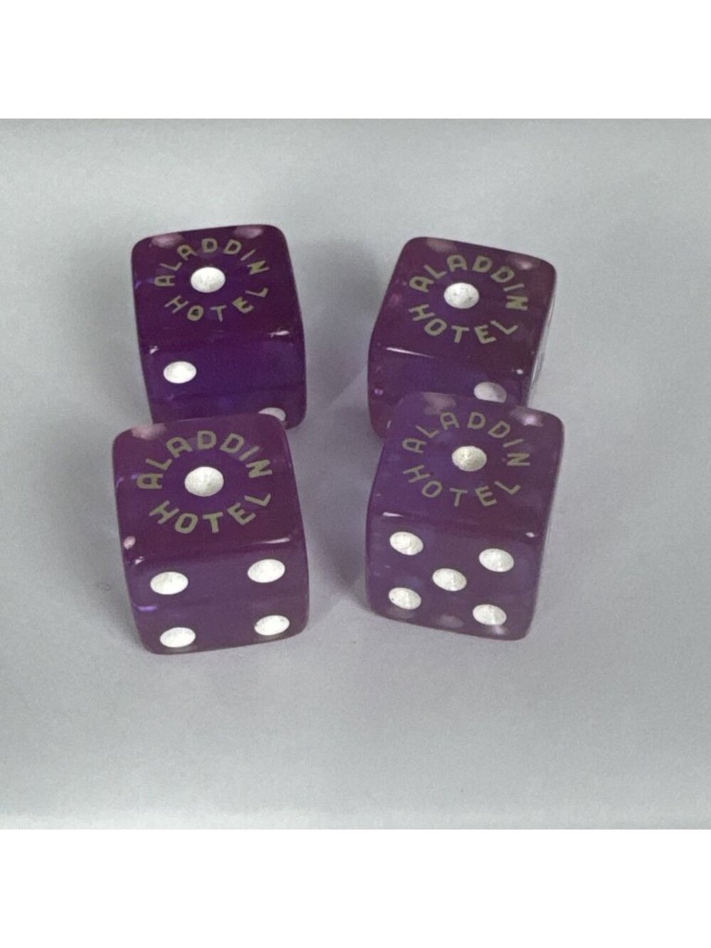 Vtg Aladdin Hotel & Casino Purple Dice Set of 4 Las Vegas souvenir gambling